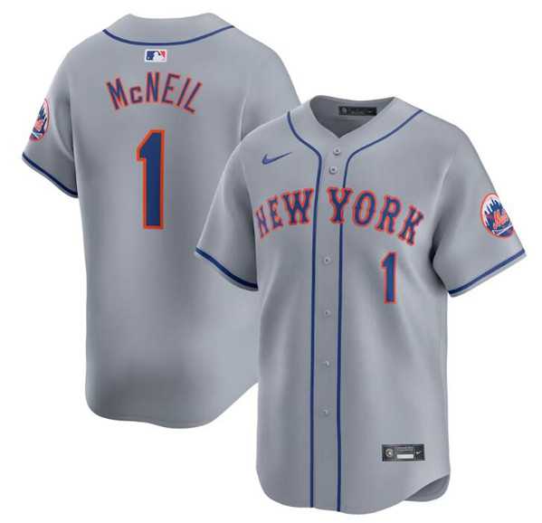 Men%27s New York Mets #1 Jeff McNeil 2024 Gray Away Limited Stitched Baseball Jersey Dzhi